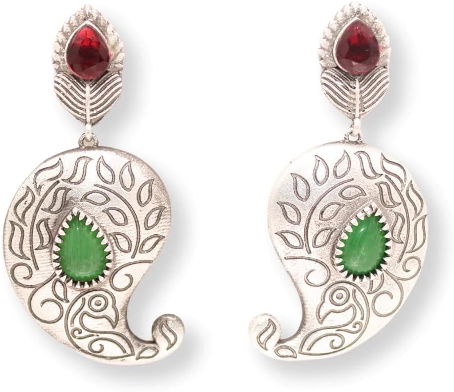 SILVER LOOK ALIKE KUNJ KALI EARRING-RED & GREEN