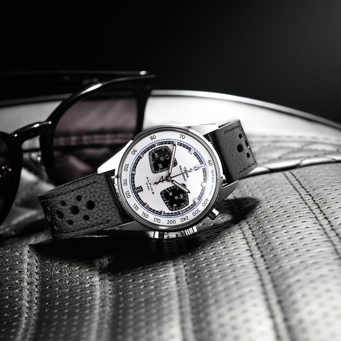 YEMA Rallygraf Alpine Cronógrafo Híbrido Mecánico Cuarzo Acero Negro Cuero Blanco Fecha Reloj Hombre