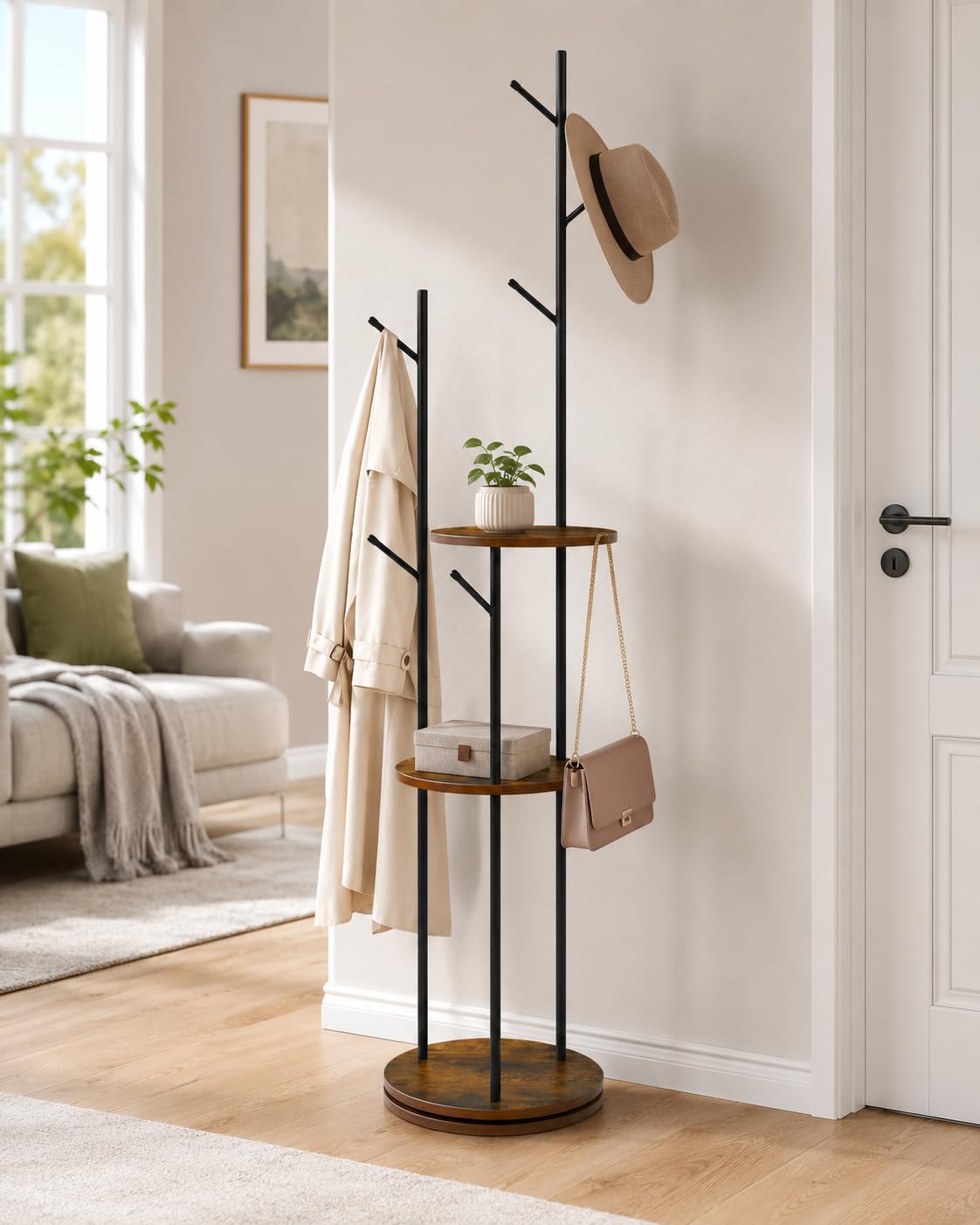 EGGREE Perchero giratorio 360°, perchero de pie con 6 ganchos y 3 estantes redondos, mueble recibidor para Entrada Dormitorio Salón, ahorro de espacio, estilo vintage marrón y negro, 40 × 40 × 176 cm | Perchero con forma de árbol para ahorrar espacio, par