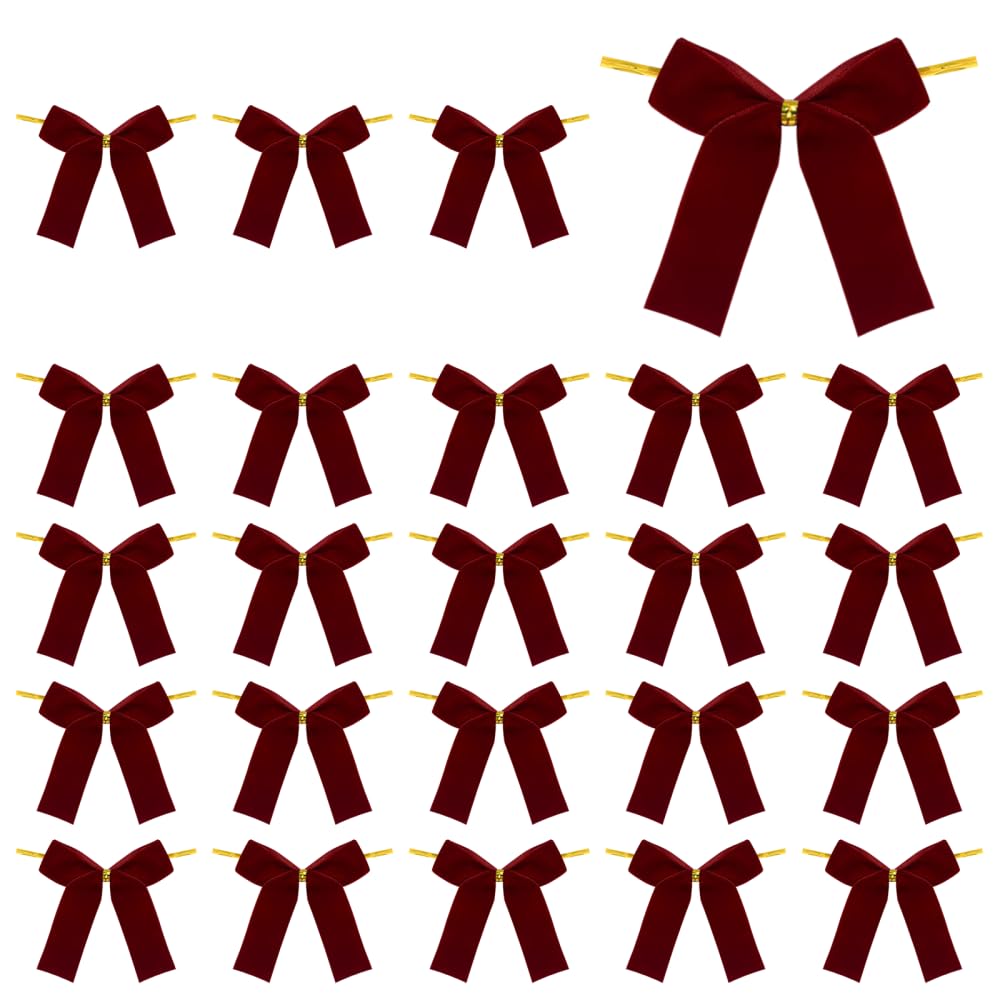 Mioyoow Wine Red 24Pcs Valentine's Day Bow Ornaments, 3.35Inch Soft Lightweight Bow Tree Toppers With Back Wire For Tree Decorations, Holiday Home Party Decor