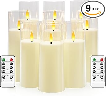 Flickering Flameless Candles Battery Operated with Remote and 2/4/6/8 H Timer Plexiglass Led Pillar Candles Pack of 9 (D2.3"xH 6"7"8")with Realistic Moving Wick Candles for Home Decor(Ivory)