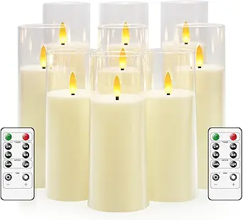 Flickering Flameless Candles Battery Operated with Remote and 2/4/6/8 H Timer Plexiglass Led Pillar Candles Pack of 9 (D2.3"xH 6"7"8")with Realistic Moving Wick Candles for Home Decor(Ivory)