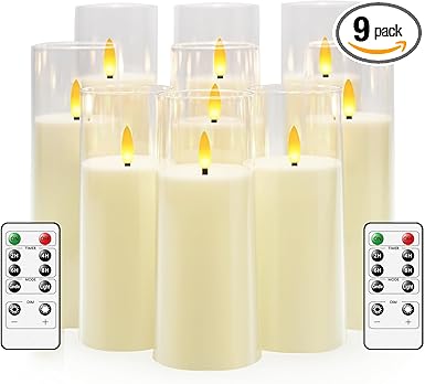 Flickering Flameless Candles Battery Operated with Remote and 2/4/6/8 H Timer Plexiglass Led Pillar Candles Pack of 9 (D2.3"xH 6"7"8")with Realistic Moving Wick Candles for Home Decor(Ivory)