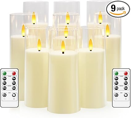 Flickering Flameless Candles Battery Operated with Remote and 2/4/6/8 H Timer Plexiglass Led Pillar Candles Pack of 9 (D2.3"xH 6"7"8")with Realistic Moving Wick Candles for Home Decor(Ivory)