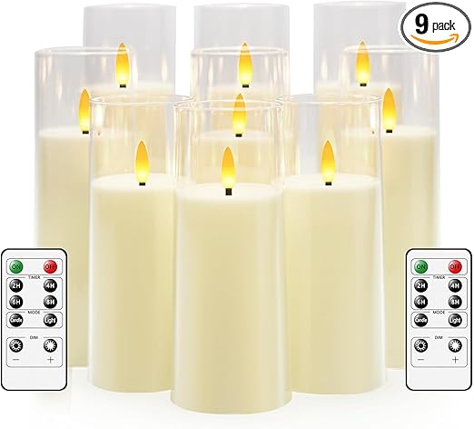 Flickering Flameless Candles Battery Operated with Remote and 2/4/6/8 H Timer Plexiglass Led Pillar Candles Pack of 9 (D2.3"xH 6"7"8")with Realistic Moving Wick Candles for Home Decor(Ivory)
