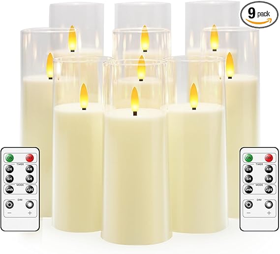Flickering Flameless Candles Battery Operated with Remote and 2/4/6/8 H Timer Plexiglass Led Pillar Candles Pack of 9 (D2.3"xH 6"7"8")with Realistic Moving Wick Candles for Home Decor(Ivory)