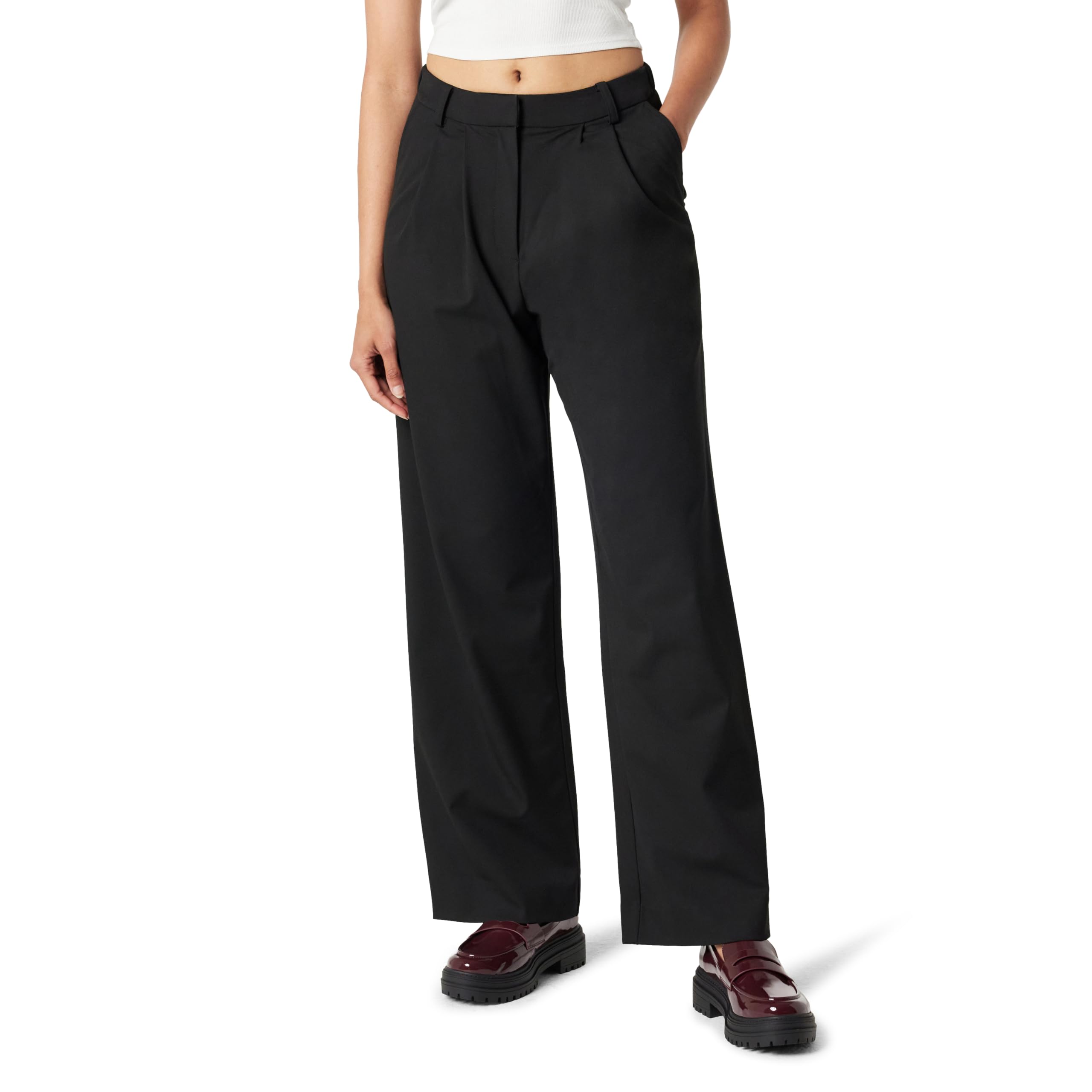 The Drop Women's Nancy Pleat Front Wide Leg Trouser, Black, L
