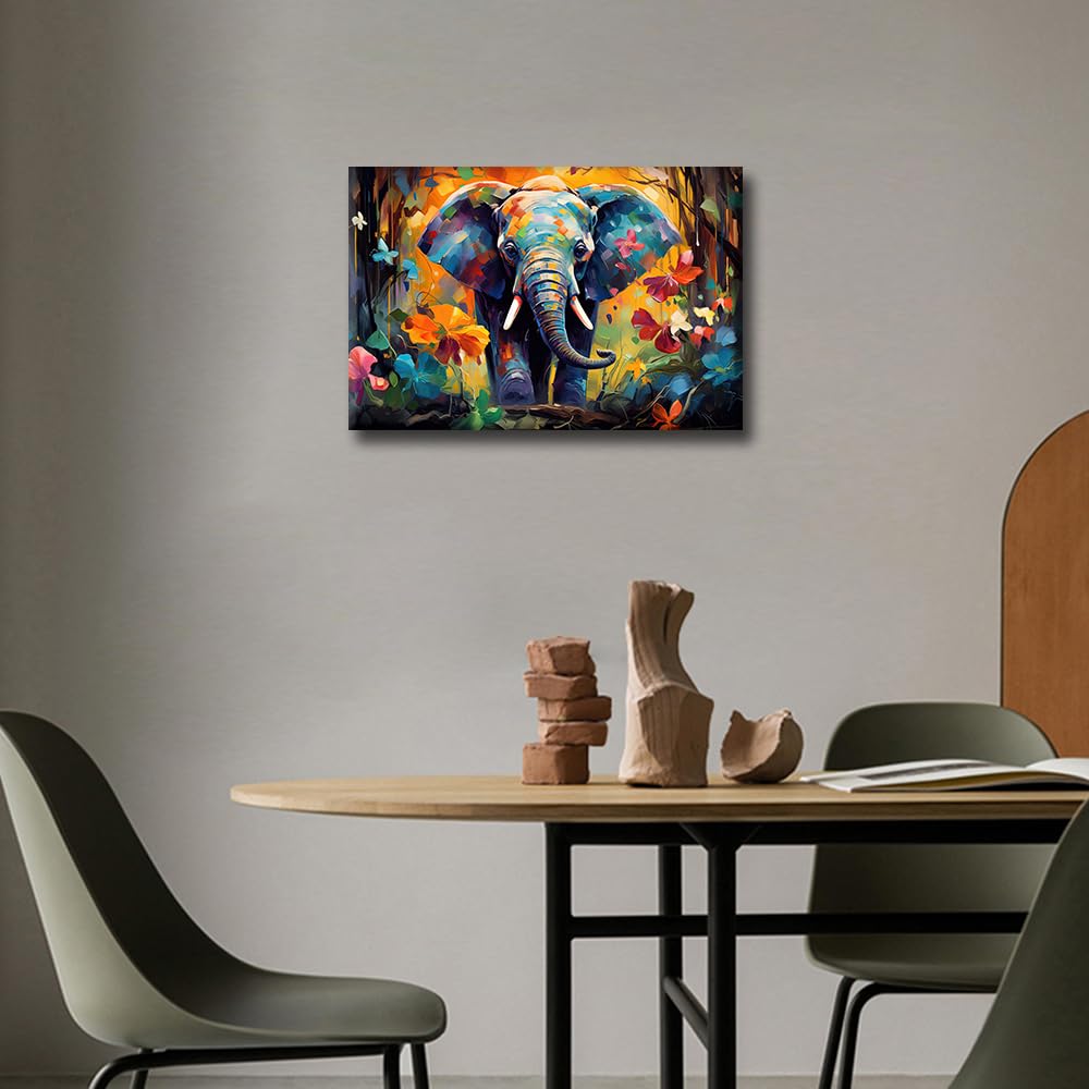 TISHIRON Living Room Wall Decor Elephant Oil Painting Canvas Wall Art Idea for Children Room Wall Decor Poster Wood Framed Prints for Farmhouse Home Decor 12x18 in - Image 2