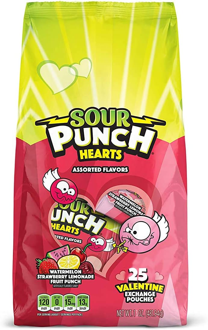 Valentine's Day Sour Punch Hearts Gummy Candy Assorted Flavors, 13 Ounce Bag