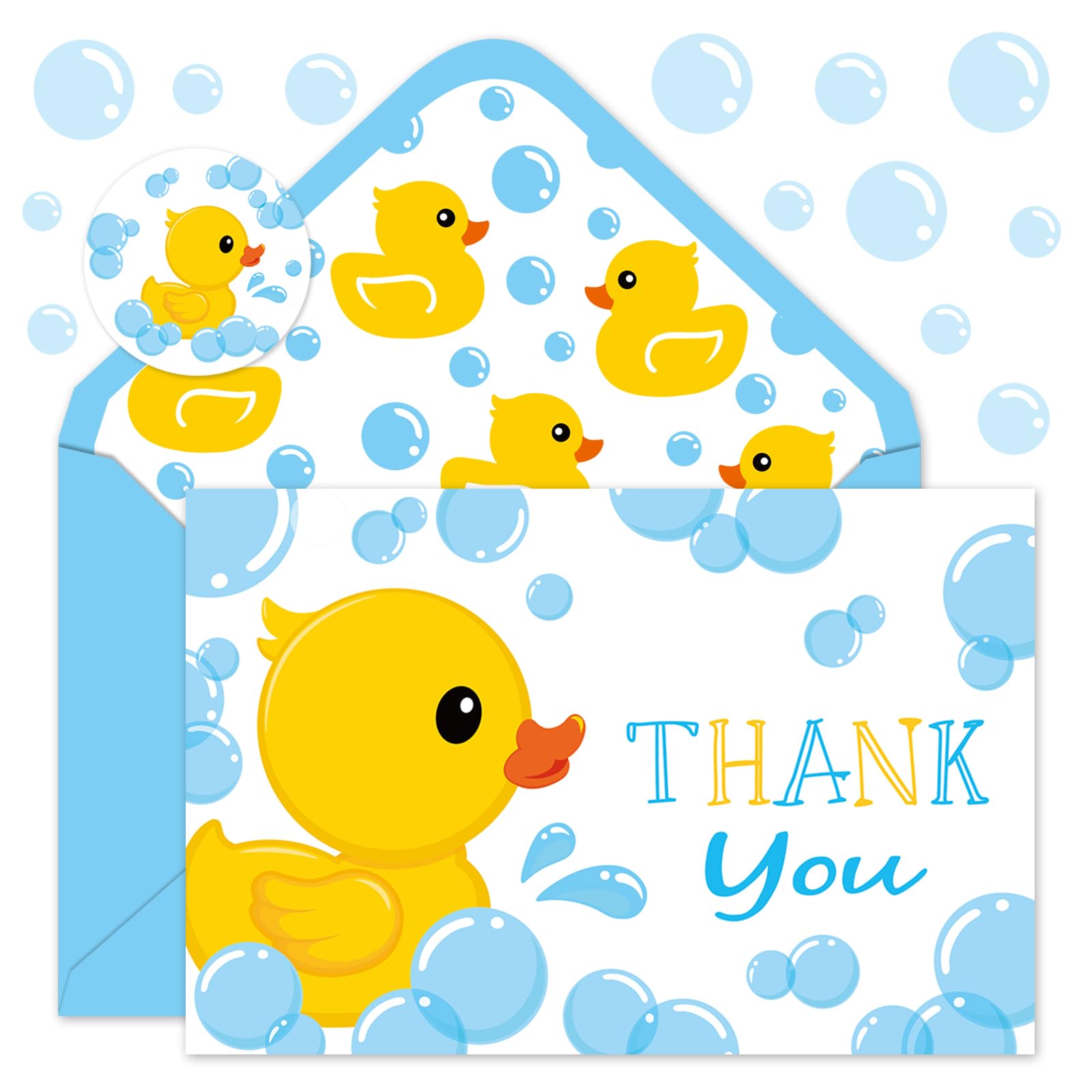 JarThenaAMCS 24 tarjetas de agradecimiento de pato de goma con sobres y calcomanías, tarjetas de felicitación de burbujas de pato amarillo y azul, bonitas tarjetas de notas en blanco para cumpleaños,