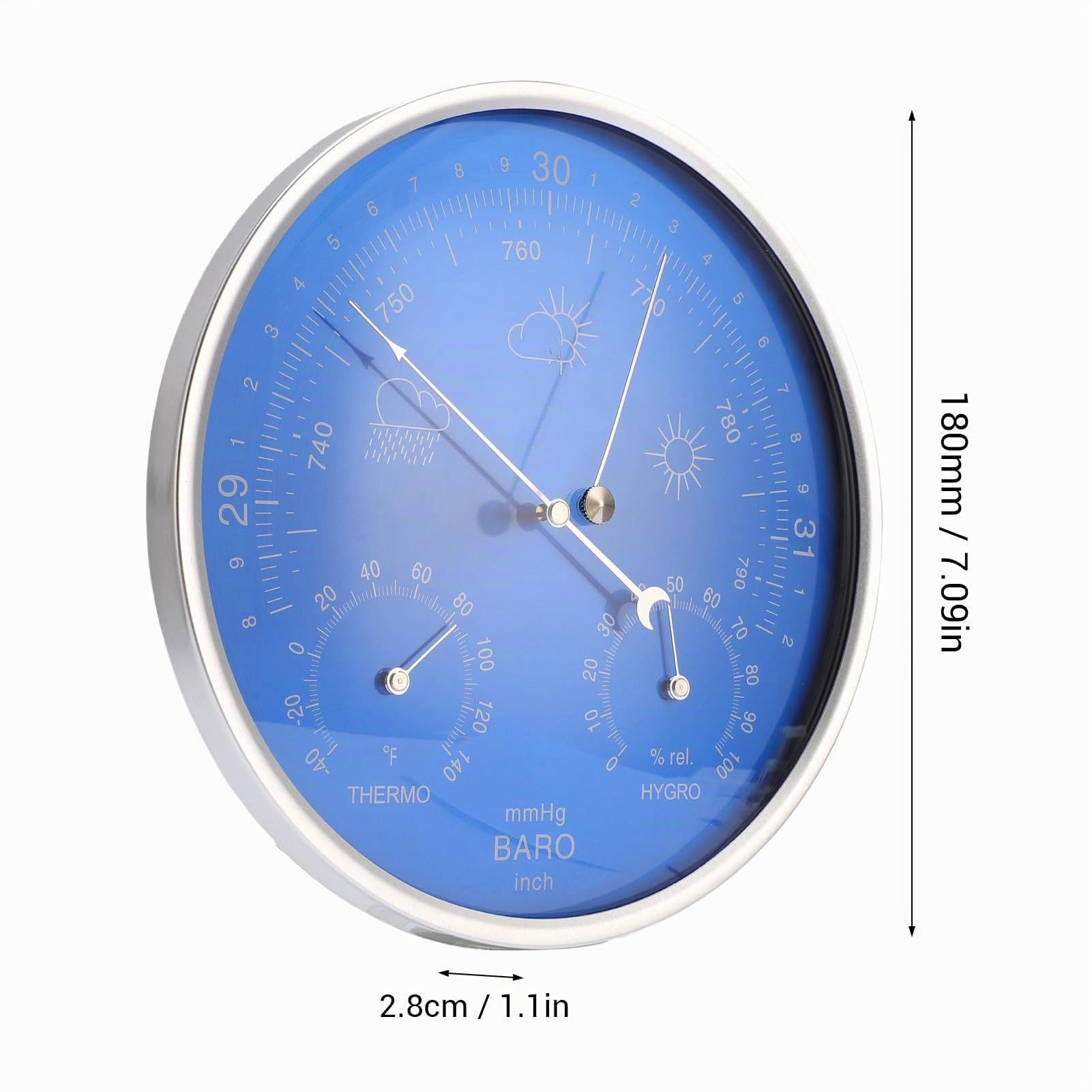 Goshyda 3 en 1 Toda la Temporada Higrómetro de Barómetro del Termómetro de Pared para Instrumentos Meteorológicos Interiores Al Aire Libre y Preciso Azul 180 Mm