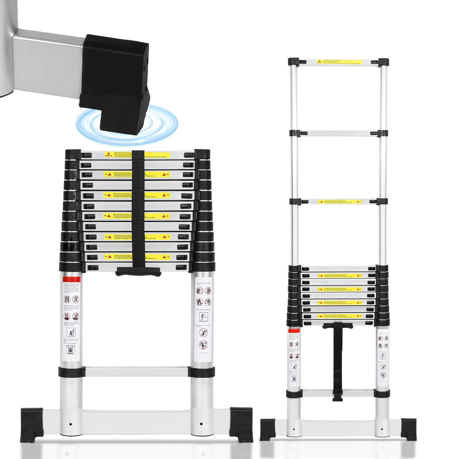 Échelle télescopique en aluminium 3,8 m, échelle extensible avec stabilisateur, échelle en aluminium antidérapante, échelle multifonction extensible, capacité de charge de 150 kg