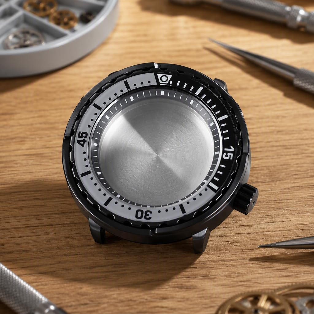 Cassa per Orologio Nera da 47 mm con Vetro Zaffiro Impermeabile, Corona a Ore 3.8 per Modelli NH35/NH34/NH36/NH38 (BlackChapterRing)