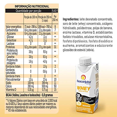 Kit Piracanjuba Whey Zero Lactose Sabor Banana 6x250ml
