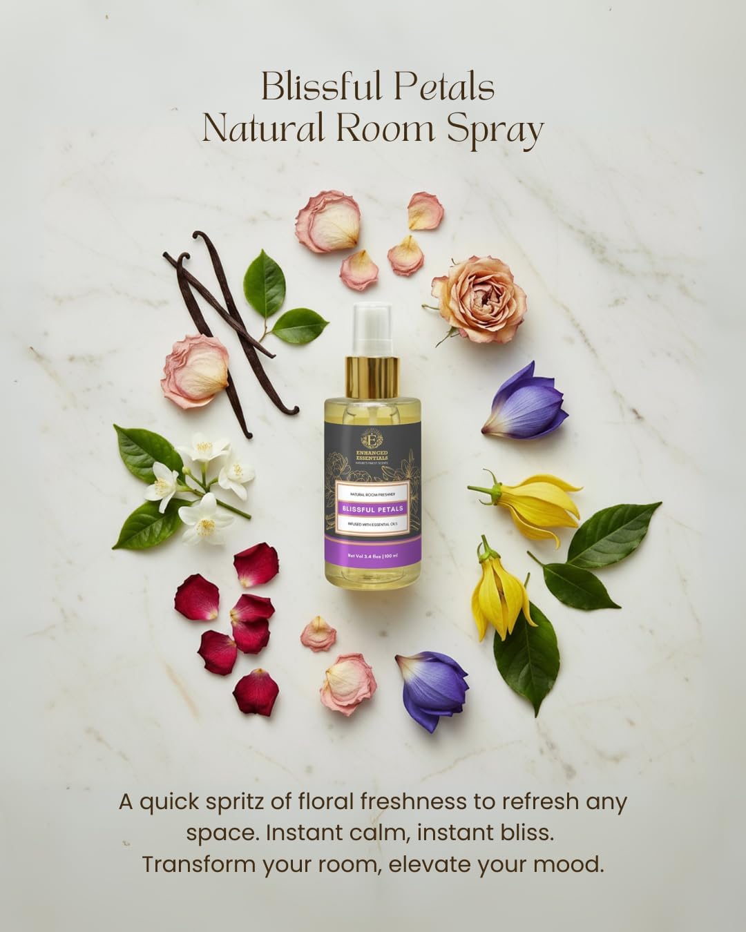 Natural Floral Aroma Room Spray with Pure Floral Essential Oils|Transformative & Ethereal Scent for Living Spaces|No Synthetic Fragrance|Long-Lasting,Mood-Lifting Air Freshener|3.4 fl oz (100ml)