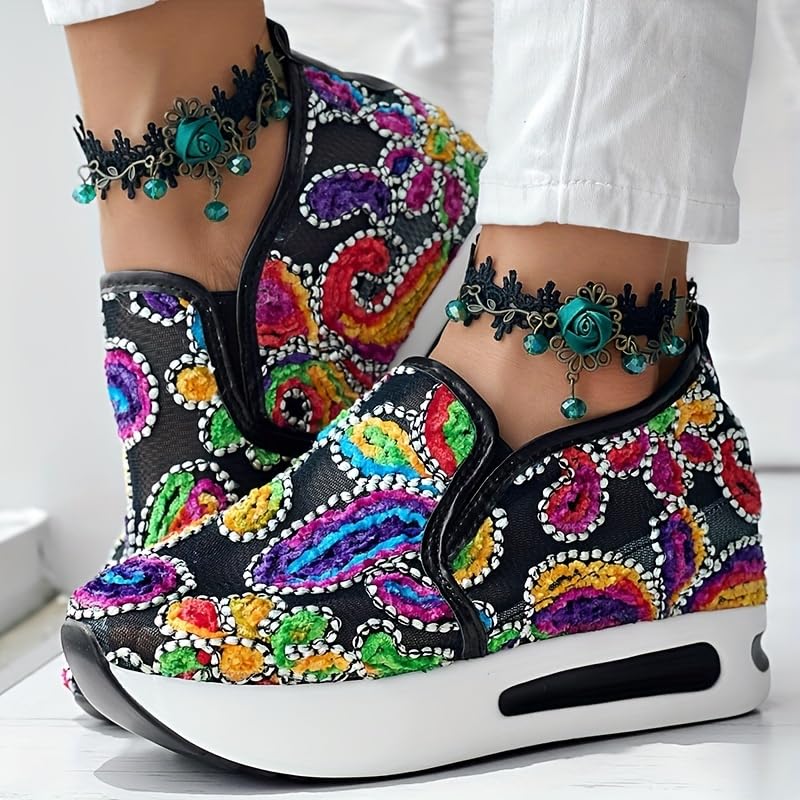Colorful Flower Embroidered Wedge Sneakers, Women's Slip On Platform Mesh Shoes, Breathable Daily Footwear3