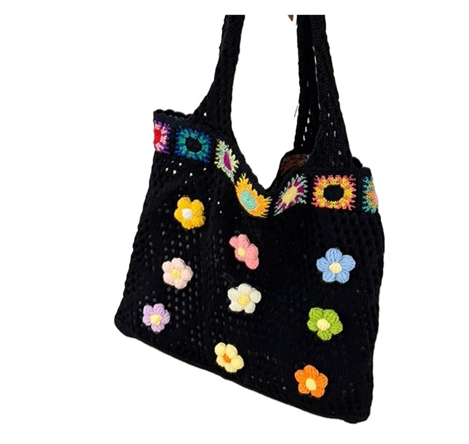Bolso de Flores de Crochet Bolso de hombro tejido estilo étnico gran capacidad, bohemio, crochet, informal, con estampado floral