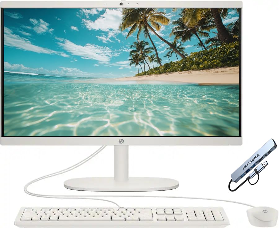 Image of HP 21.5 inch FHD All-in-One Desktop Computer, 32GB RAM 128GB UFS, Quad-Core Intel N100 Processor, Keyboard & Mouse Included, PLUSERA 8-in-1 Hub, Windows 11 Home, White
