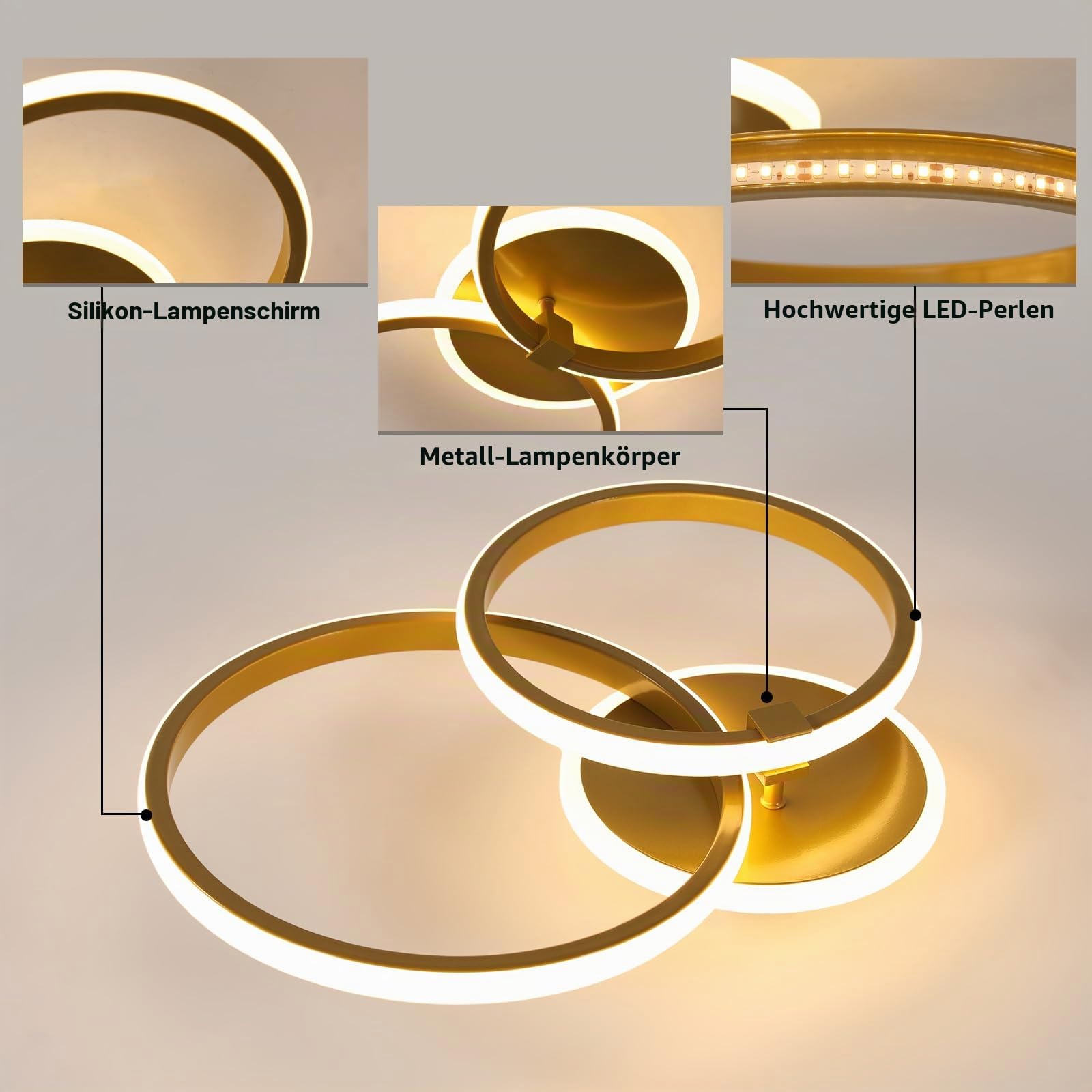 LED Deckenleuchte Gold Runden, 42W Schlafzimmer Deckenlampe Modern, Creative LED Lampe Deckenbeleuchtung für Wohnzimmer Schlafzimmer Küche, Warmweiß Licht 3000K