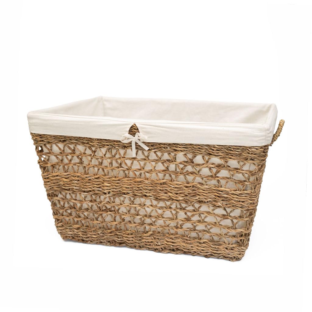 Arthur Cameron Natural Brown And Off-White - Atrai Seagrass Washing Basket & Laundry Basket - Perfect As Bedroom Decor Or Farmhouse Home Storage