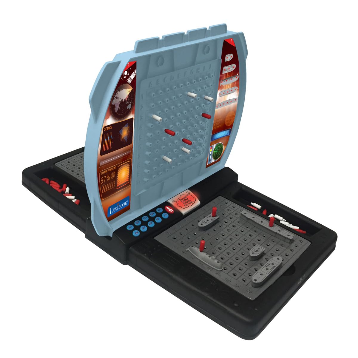 Lexibook, Bataille Navale Parlante (Français Italien Néerlandais Allemand), Jeu de société électronique 1 ou 2 Joueurs, Interactive, Effets Lumineux et sonores, stratégie, à Piles, Gris/Noir, GT2800