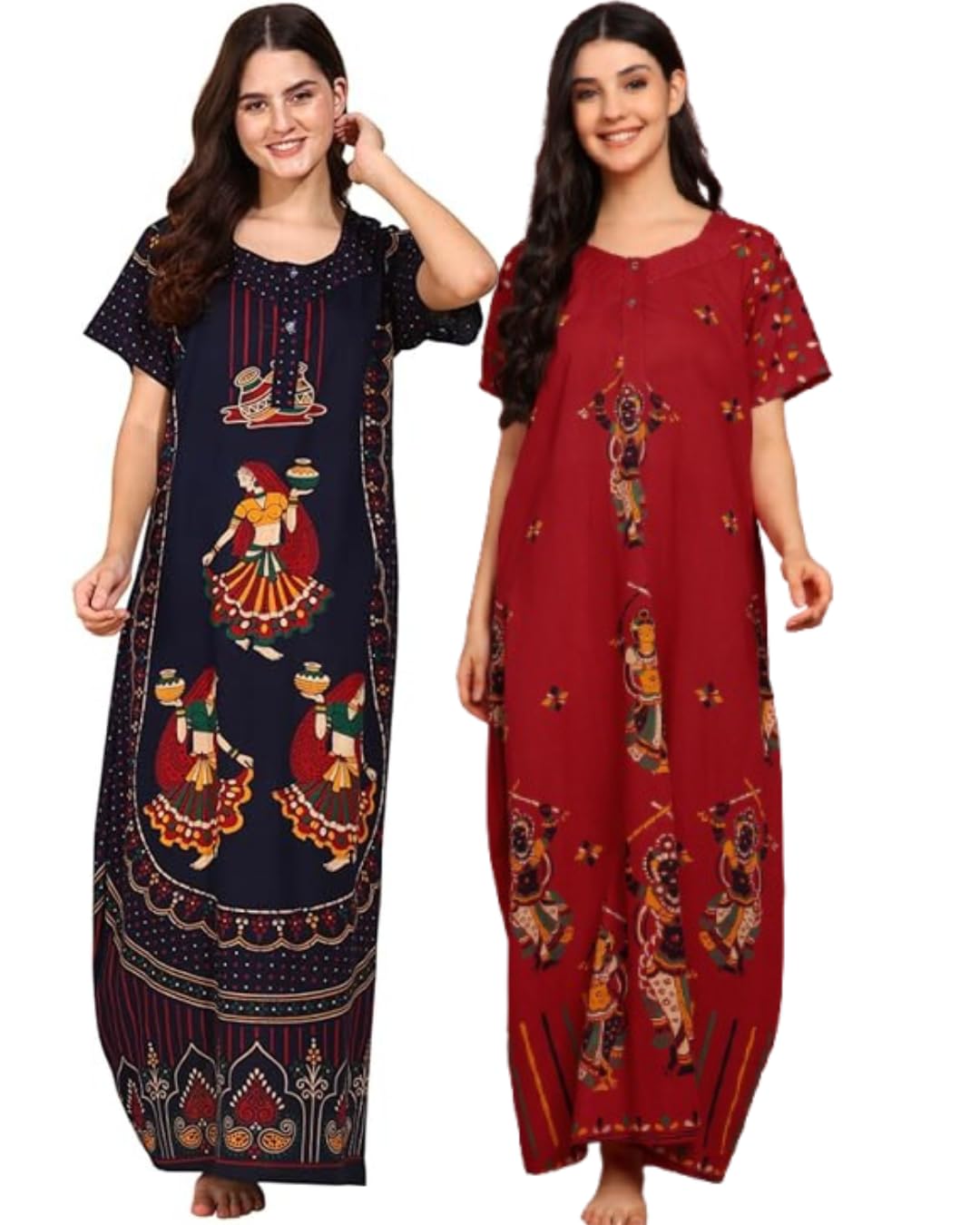 xakalaka Women’s Gujri Print Nighty – Pack of 2 Cotton Full-Length Nightwear Gowns | Free Size Indian Ethnic Sleepwear for Ladies-picture-13