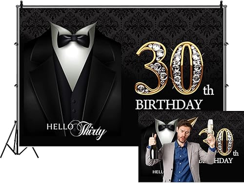 Miniatura 7 de Decoración de fondo de fotografía de cumpleaños 60 para hombre, de 8 x 60 pies, corbata negra, traje de esmoquin, telón de fondo para fotos,