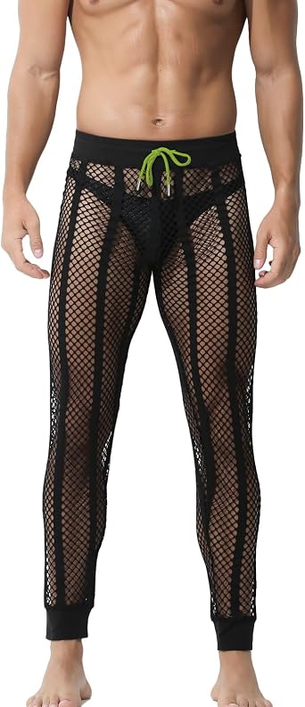 Mens Fishnet Striped Lounge Pants Sexy Mesh See Through Pyjama Pants with Drawstring