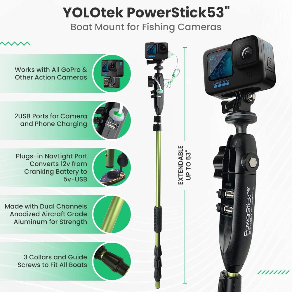 YOLOtek Veteran Owned - PowerStick 53" Stick Only - Boat Mount Give Constant Power for GoPro, DJI, Insta360, Mevo & All Action Cameras - Hands-Free Recording While Fishing or Boating
