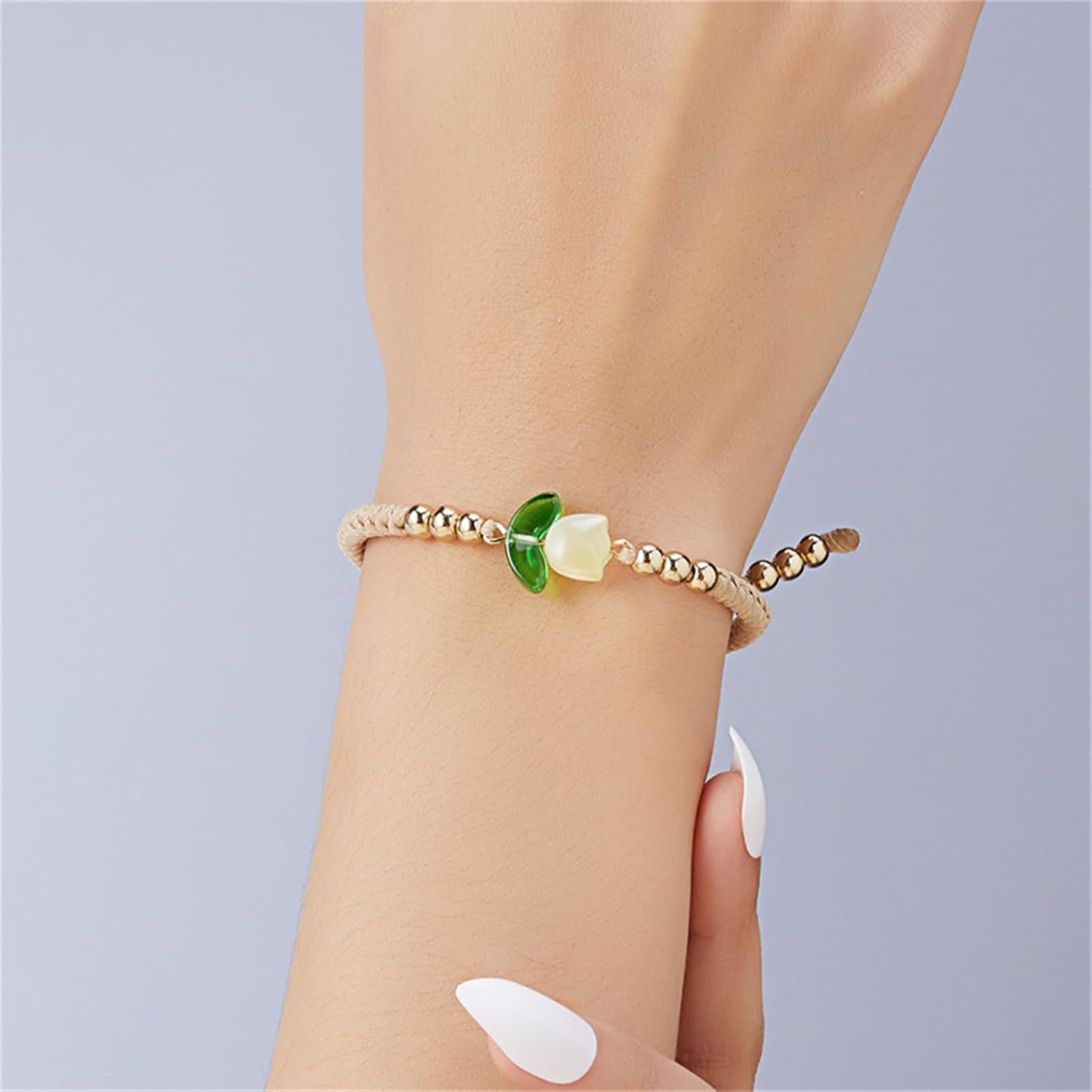 Tulip flower Bracelet for Women Simple Charm Cute Flower Bracelet Handmade Boho Adjustable Braided Rope Bracelet for Best Friends - Image 2