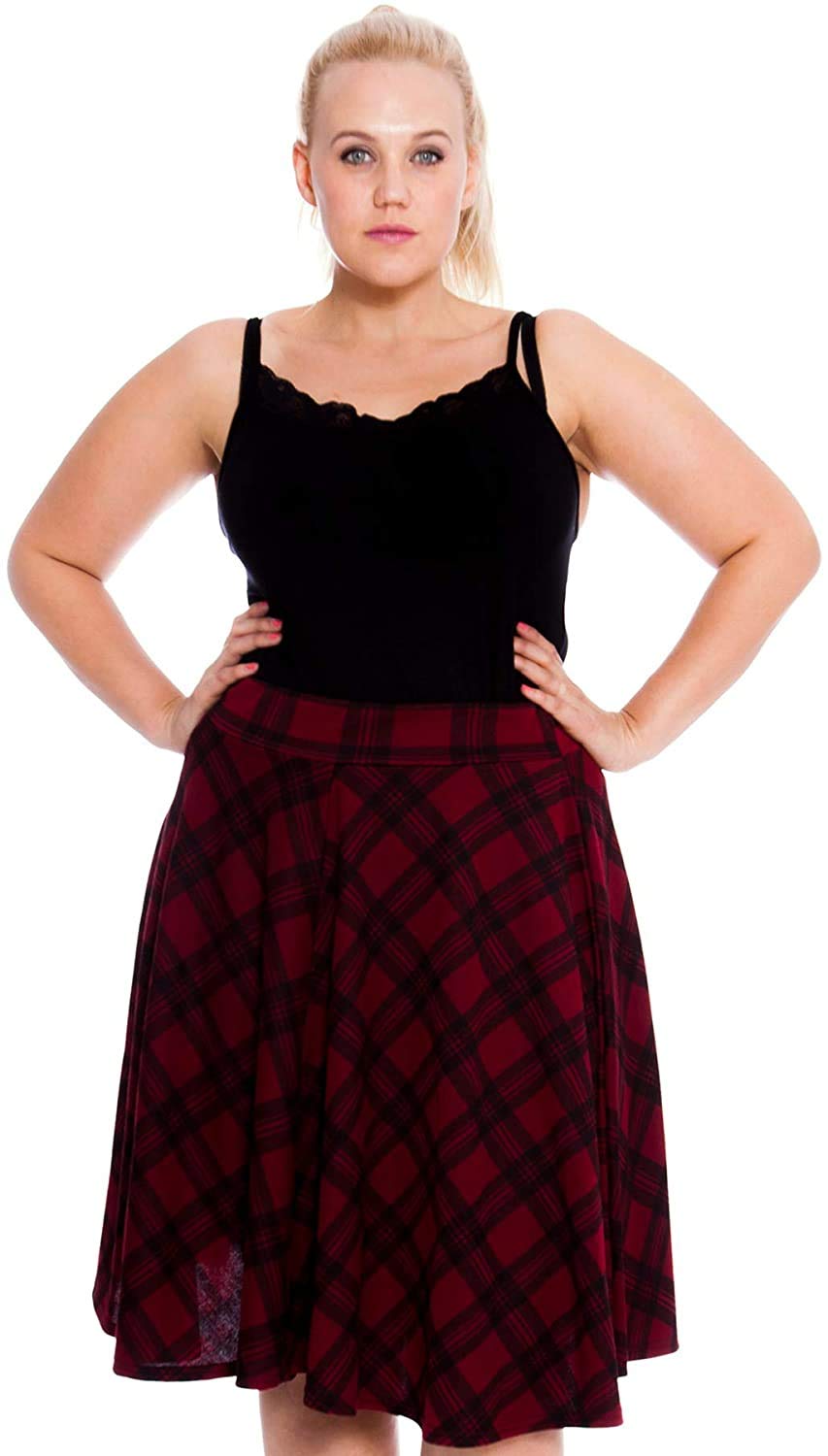 GOSTYLES® Womens Plain & Tartan Soft Stretch Midi Skirt, Ladies Knee-Length Elasticated Waistband Swing Style Scottish Check Skater (Wine Check, 20)