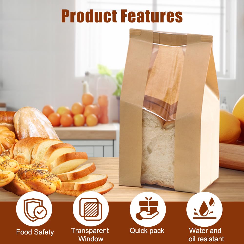 50 Stück Papiertüten mit Fenster, Brottüten Braun, Brottüten Papier Groß, Brotpapiertüten für Lebensmittelverpackungen für Hausgemachtes Brot, Sauerteig, Laib, Kekse, Geschenke (12 x 9 x 30 cm)