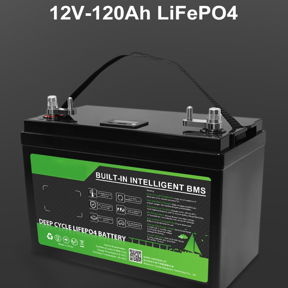 Akumulator litowo-żelazowo-potasowy 12 V 120 Ah z wbudowanym systemem BMS 100 A, 15000 cykli głębokiego rozładowania, do systemów solarnych, kamperów, łodzi i furgonetek