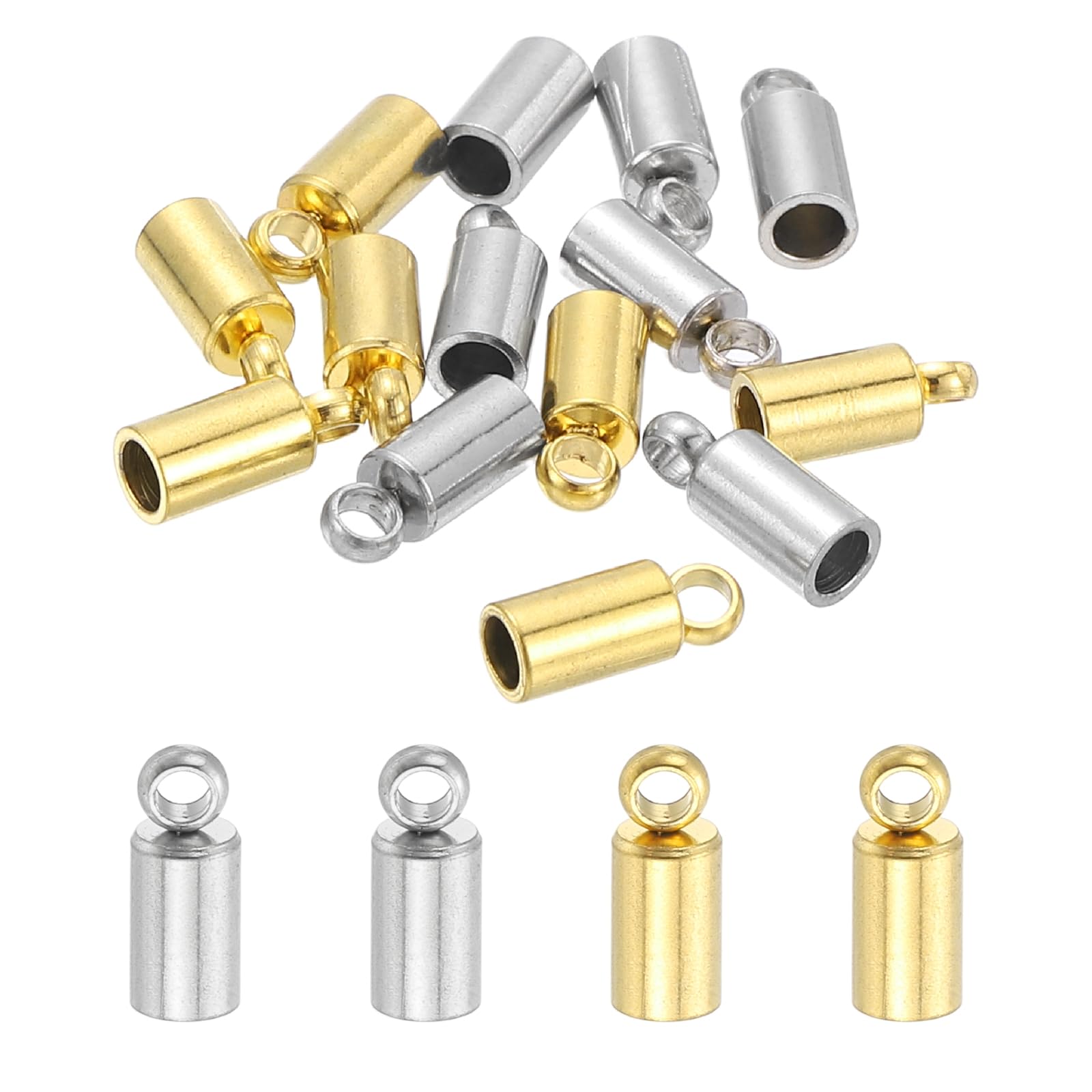 sourcing map Stainless Steel Cord End Caps 2mm ID, 20 Pack Barrel End Tips Terminators Cord Finding for DIY Jewelry Making Necklace Bracelets Tassels Supplies, Gold/Silver Tone