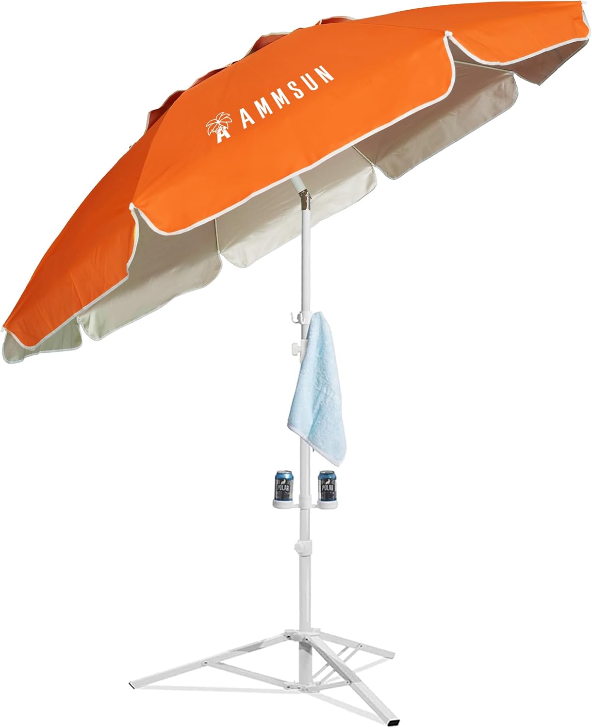 AMMSUN Shade Umbrella, Premium Portable Umbrella with Stand, 6.5ft Lightweight Free Standing Canopy for Sporting Games, Adjustable Instant Sun Protection and Easy to Carry, Orange