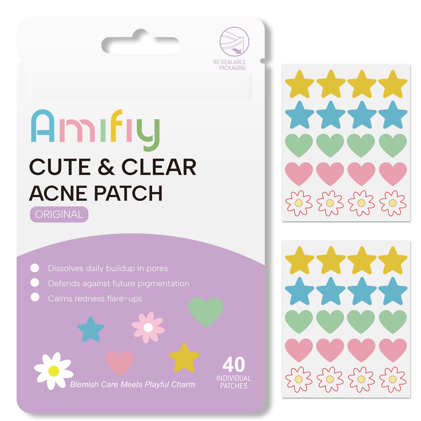 Amifiy Cute Pimple Patches, Strar Acne Stickers for Face, Oil-Absorbing Zit Dots, Vegan & Cruelty-Free Blemish Treatment with Hydrocolloid & Tea Tree, 40 Count