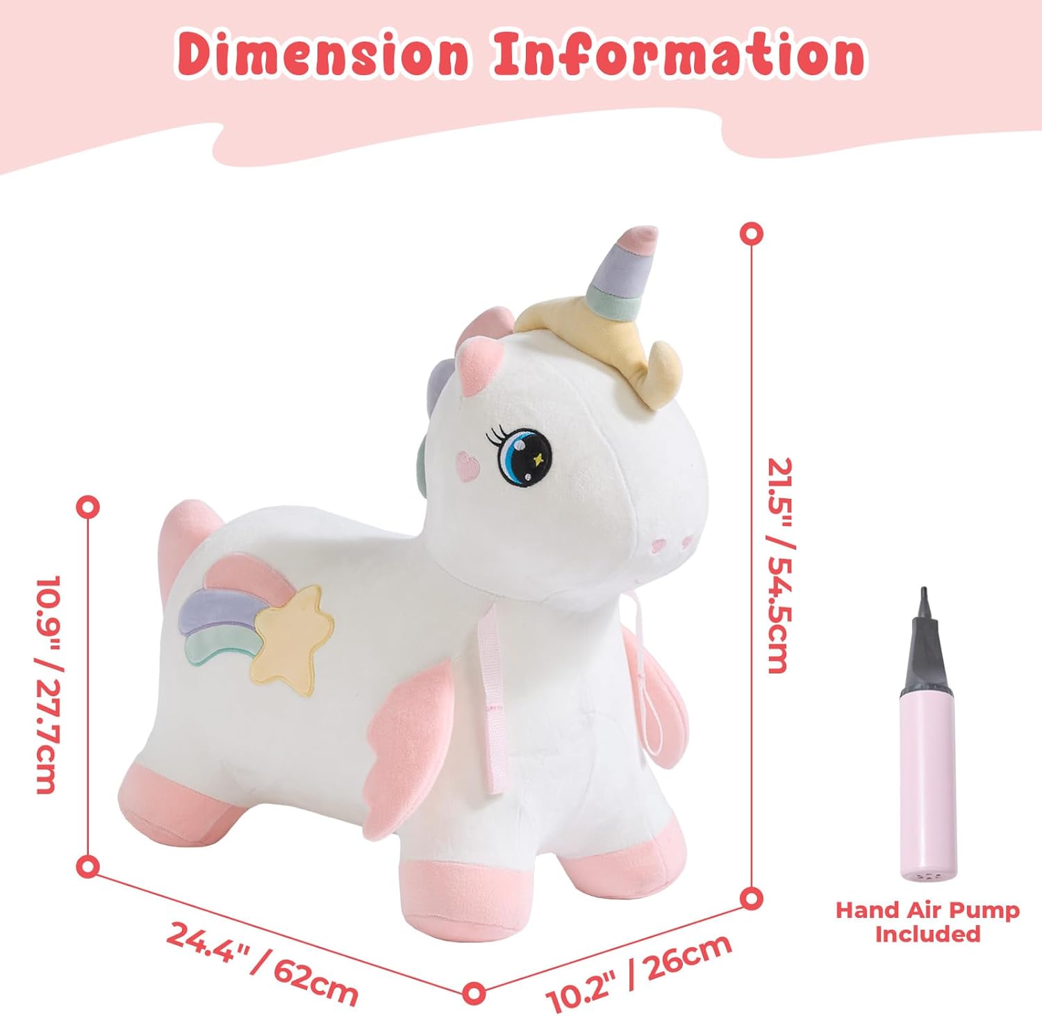 FUNLIO Unicorn Bouncy Horse, Rainbow Fairy Bouncy Animal for Toddlers 18 Months to 5 Years, Inflatable Bounce Horse with Air Pump, Removable Cover & Washing Machine Safe, CPC & CE Certified