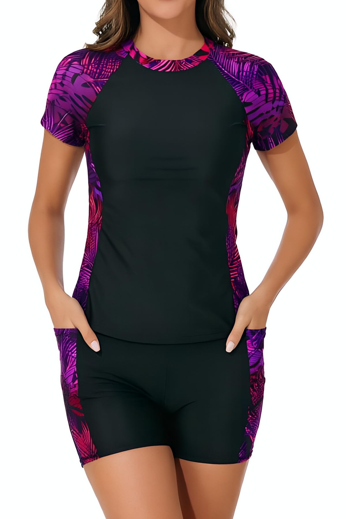 Daci Short Sleeve Rash Guard 2 Piece Swimsuits with Bord Shorts