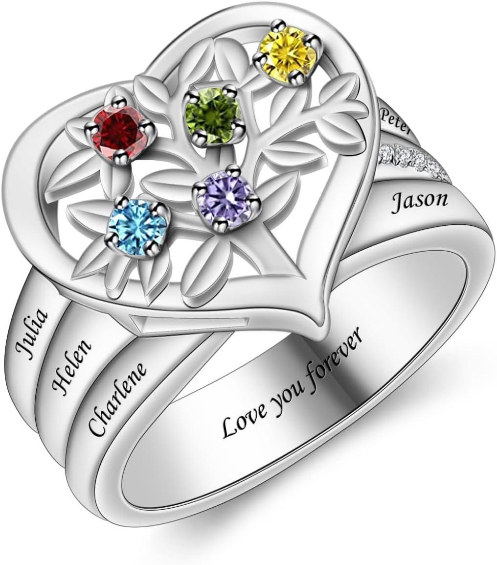 Personalized Family Tree Ring with 1-8 Birthstones Custom Heart Mother Ring with Names Engraved Family Rings for Grandmother Tree Of Life Ring
