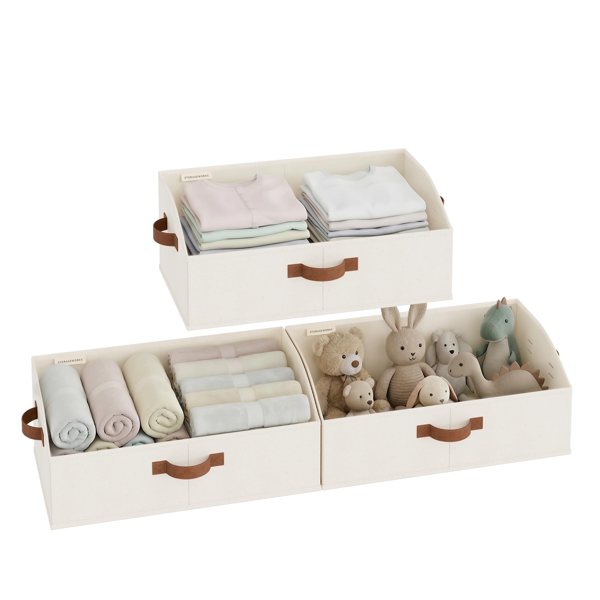 storageworks closet storage bins, trapezoid organizer box for shelves, fabric clothes bin, foldable organizing baskets with handles, large, ivory white, 3-pack