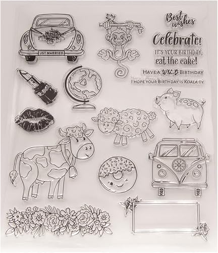 Arbuya Sellos transparentes de cumpleaños de animales salvajes para diarios de arte o hacer tarjetas, mono, cerdo, oveja, vaca, autobús, sellos de