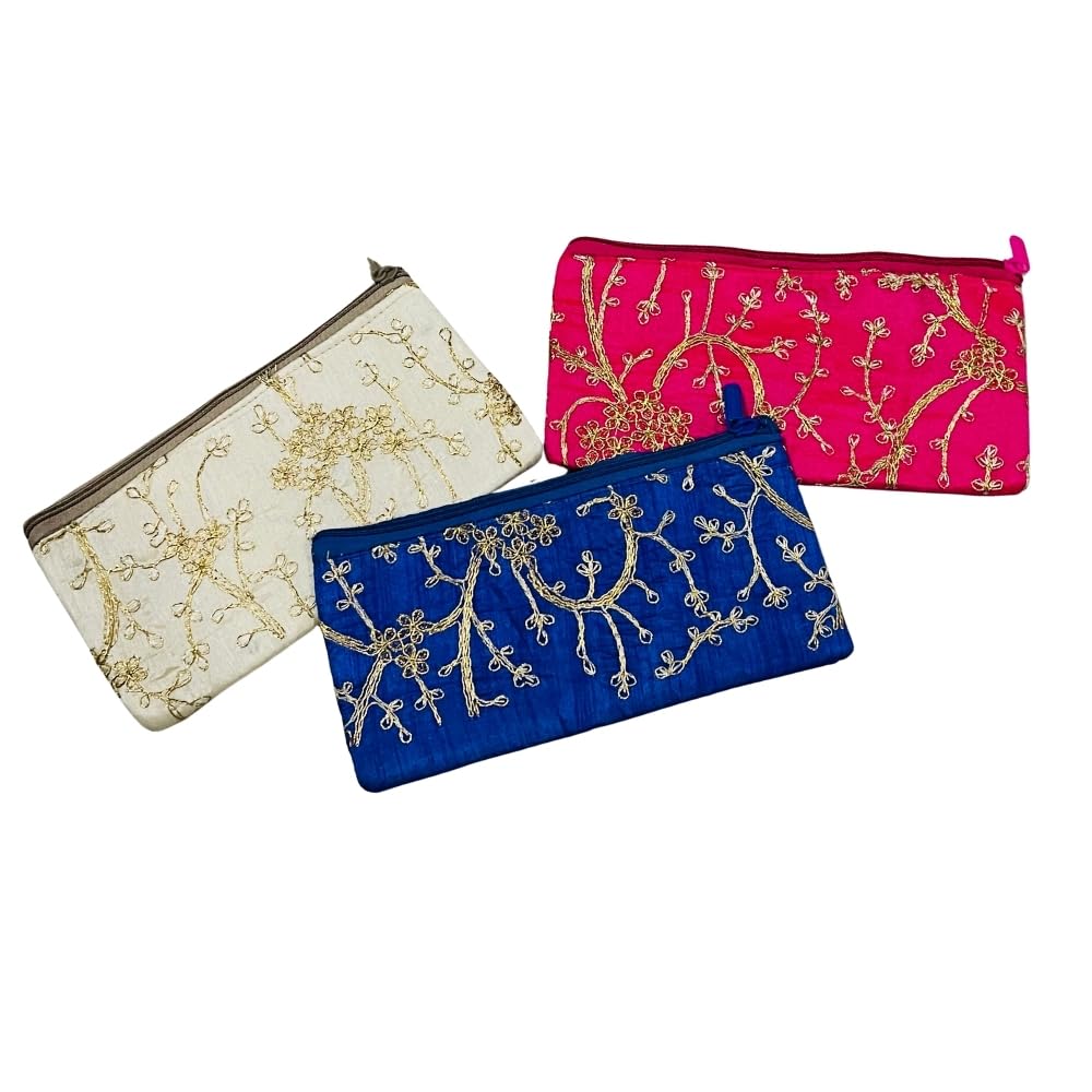 Embroidered Purse Pack of 3 with Gold Floral Design for Party Clutch Wallet, Mobile and Money Purse, Return Gifts Purses For Wedding, Housewarming, Baby Shower, Birthday Party(Multi Color)-image-36