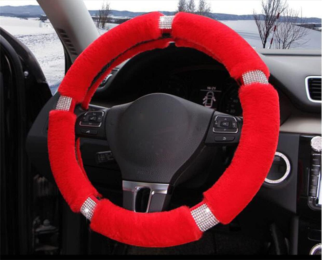 D-CC Crystal Diamonds Fluffy Steering Wheel Cover for Women Girls Luxury Decor Breathable Odorless Universal 15 Inch Car Wrap Cover (C, Red)