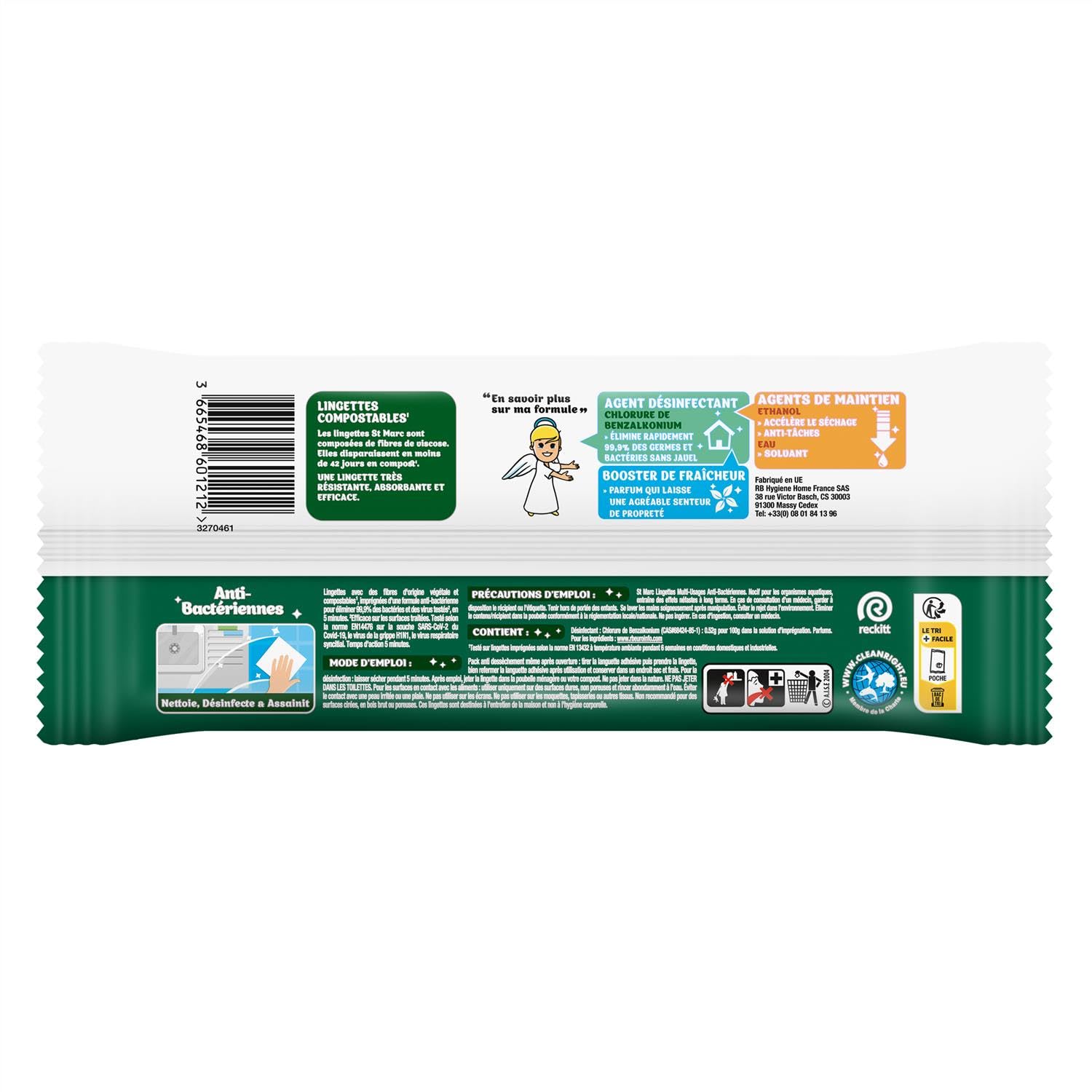 St Marc Lingettes Compostables Nettoyantes et Désinfectantes anti-bactérienne x80 - pack de 8