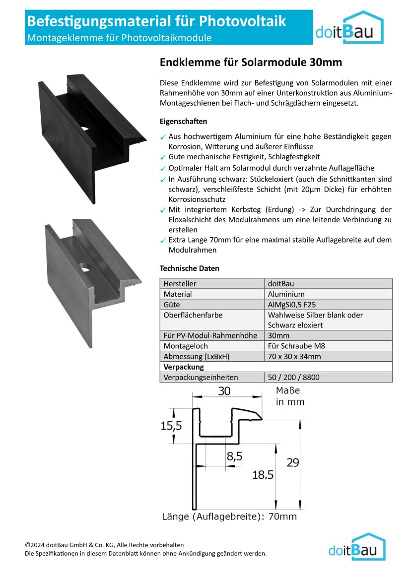 doitBau - 4x Umfangreiche Befestigungen für Solarmodule | PV-Endklemme 30mm in Schwarz | Befestigungen für Solarmodule | Solarmodul Halterung 30 mm | Modulklemmen Solar | Endklemmen 30mm Schwarz