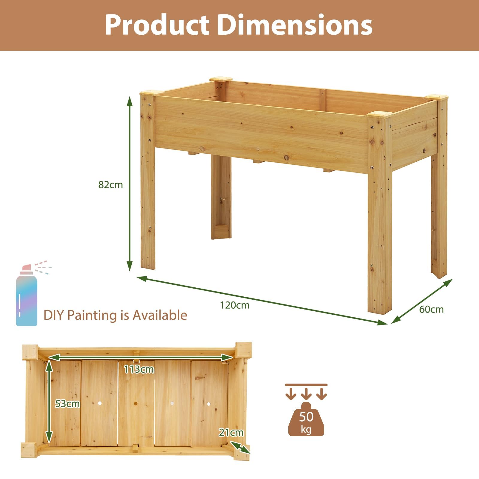 HOMASIS Huerto Urbano de Madera Abeto, 120 x 60 x 81 cm, Jardinera Elevada Terraza Exterior con Orificio de Drenaje, Compartimento de Almacenamiento, para Jardín, Balcón, Casa (Amarillo-marrón)
