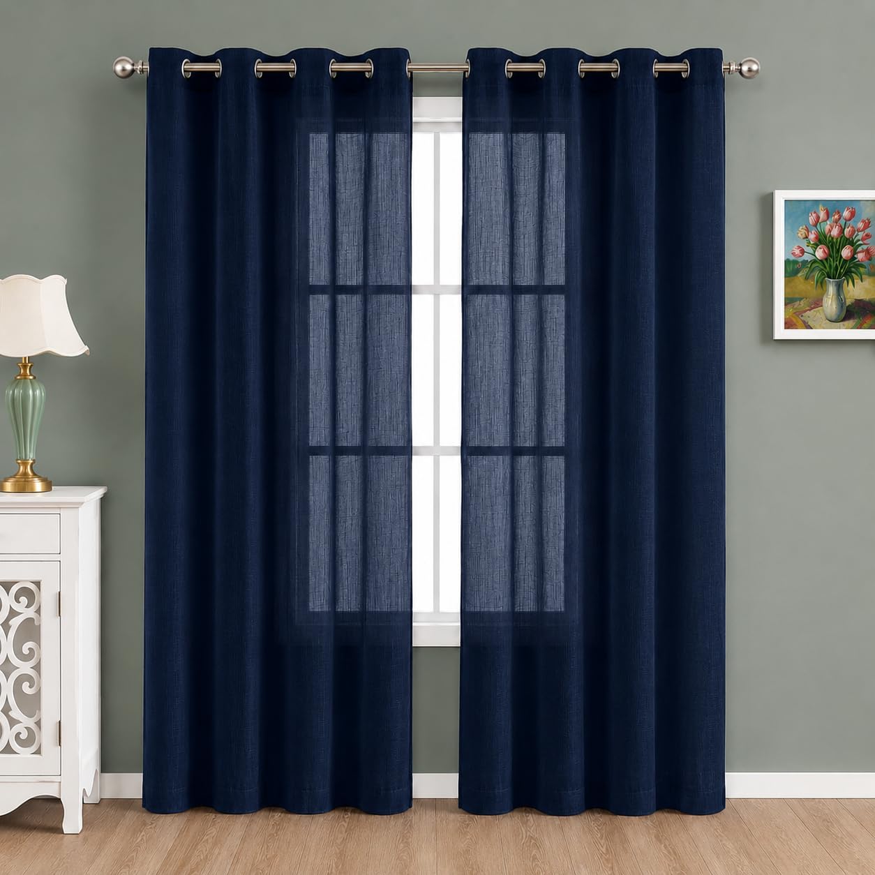 THE LINEN COMPANY Cotton Linen Long Door Curtain, Non Blackout Grommet Curtains 2 Pcs Set with Steel Eyelet Rings - 10 Feet (Dark Blue, Pack of 2)