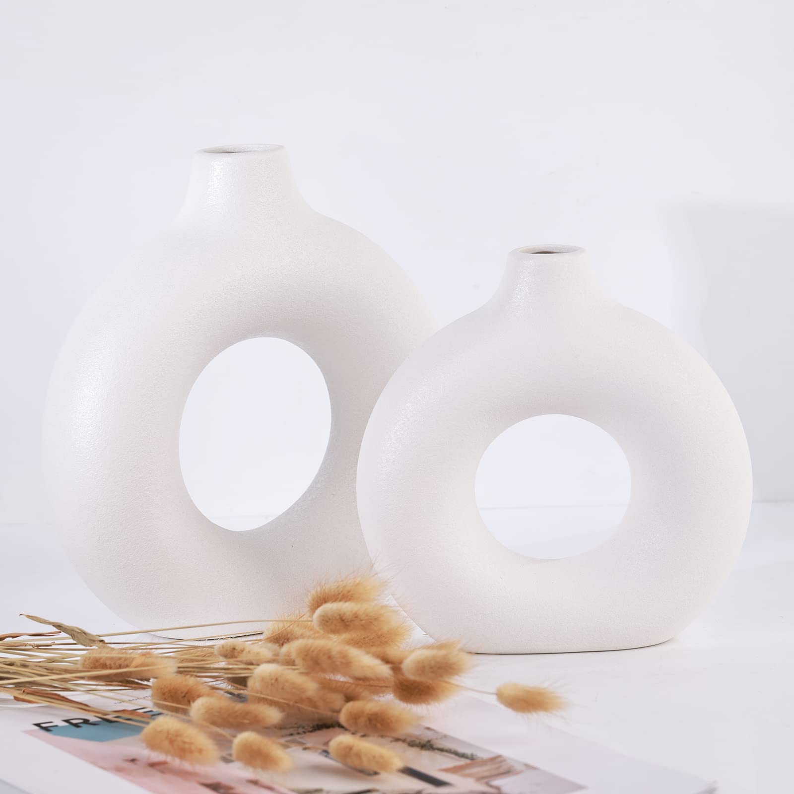 Keramik Vase - Set of 2 Weiße Blumenvasen aus Keramik für Wohnungsdeko Trockenblumen Deko Vasen für Pampasgras,Weiße Groß Vase für Pampasgras,Vase Kleine Mittelgroße,Keramik Zimmer Deko für Geschenk