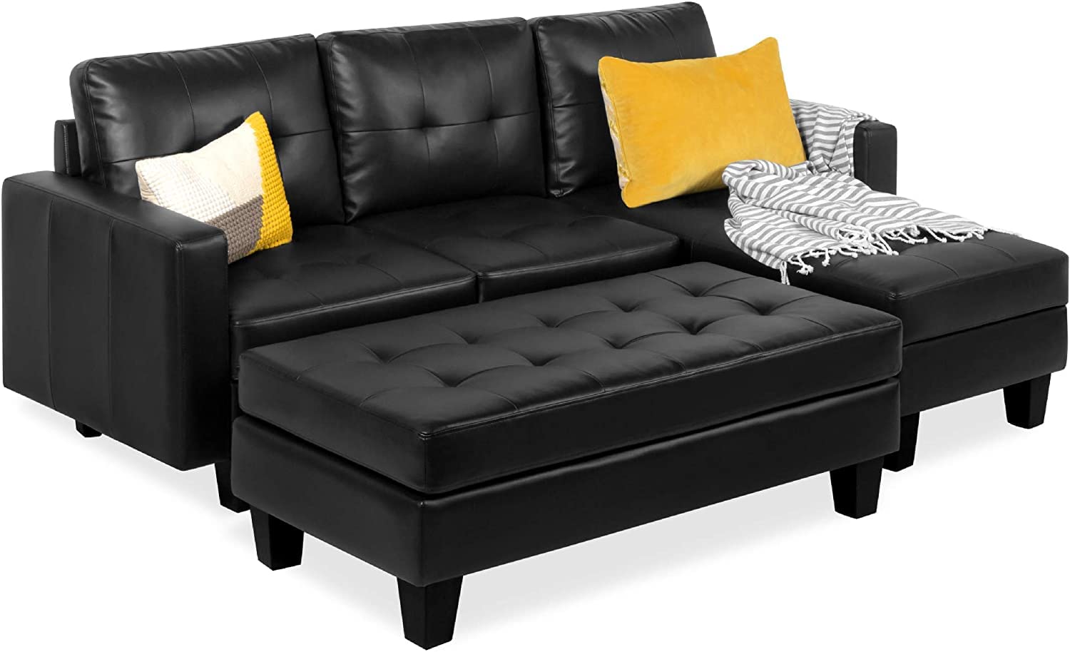 Aiden Faux Leather 3 Seater L-Shape Sectional Sofa with Ottoman (Right Side,Black)-image-37