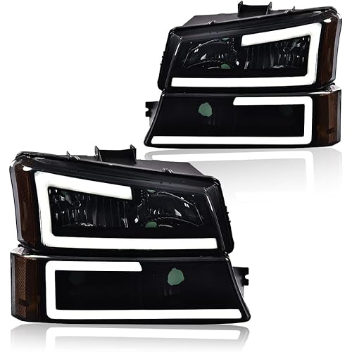 GRAND ORANGE LED DRL Headlight Assembly Compatible with Chevy Silverado 1500 2500 3500 HD Models 2003-2006/ Fit Chevy Avalanche 1500 2500 03-06 Smoky lens Black Housing Amber Reflector